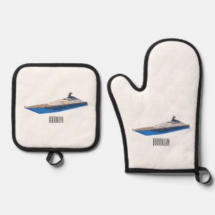 Yacht cartoon illustration oven mitt & pot holder set