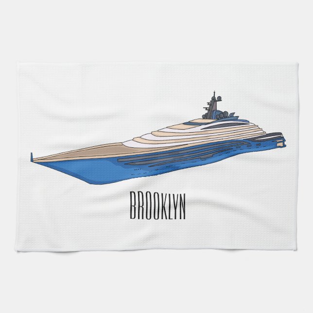 Yacht cartoon illustration tea towel (Horizontal)