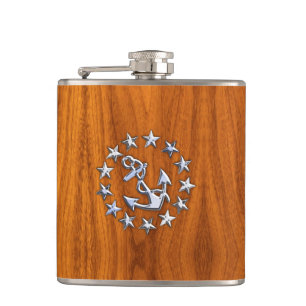 Yacht Flag Sign on Nautical Teak Wood Print Hip Flask