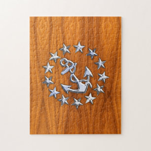 Yacht Flag Sign on Nautical Teak Wood Print Jigsaw Puzzle