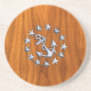 Yacht Flag Symbol on Nautical Teak Wood Print Coaster