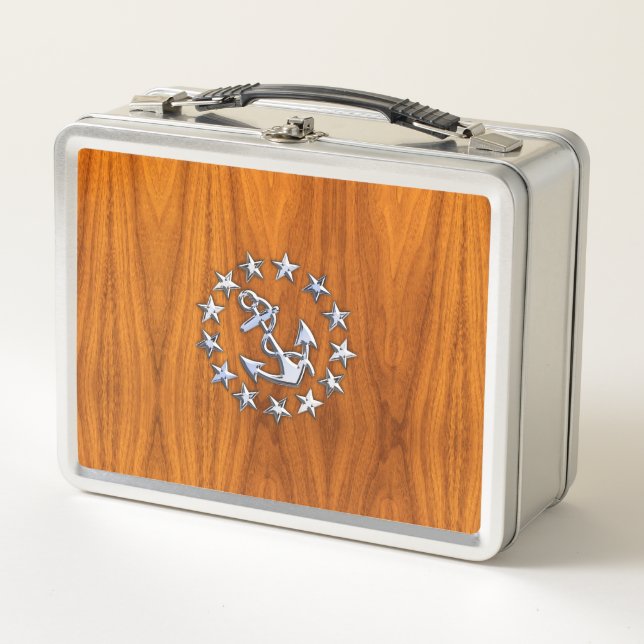 Yacht Flag Symbol on Nautical Teak Wood Print Metal Lunch Box (Front)