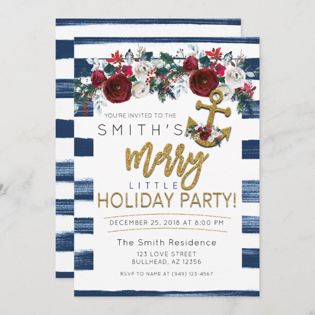 Yacht Holiday Party Nautical Christmas Stripes Invitation (Front/Back)