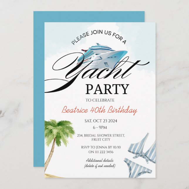 Yacht Party Boat Cruise Ship Invitation (Front/Back)