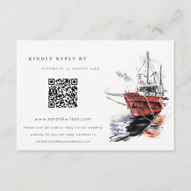 Yacht Sailboat Watercolor Wedding QR Code RSVP Enclosure Card (Front)