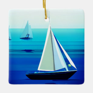 Yacht Under Sail, Cobalt Blue  Ceramic Ornament