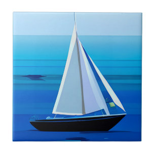 Yacht Under Sail, Cobalt Blue Ceramic Tile