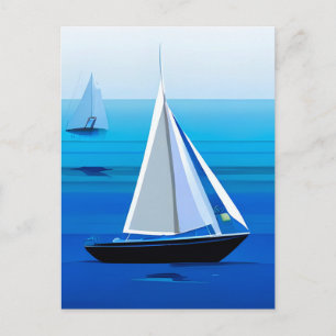 Yacht Under Sail, Cobalt Blue Postcard