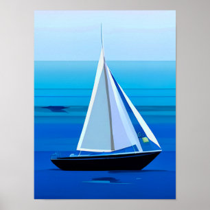 Yacht Under Sail, Cobalt Blue Poster