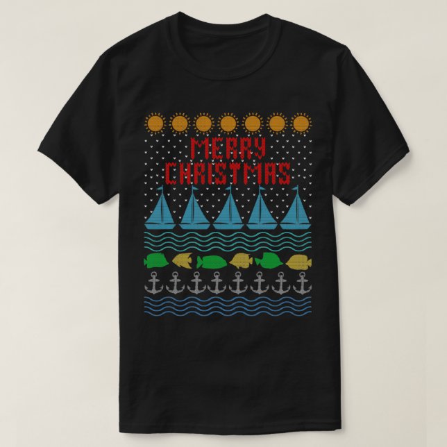 Yachts And Sailing Ugly Christmas Festive Ocean Lo T-Shirt (Design Front)
