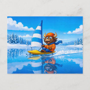 Yak Ice Sailing on a Frozen Winter Lake Postcard