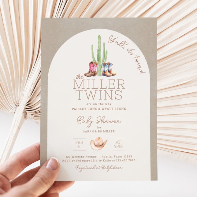 Y'all it's Twins Baby Shower Invitation (Twin Cowboy Cowgirl Baby Shower Invitation)