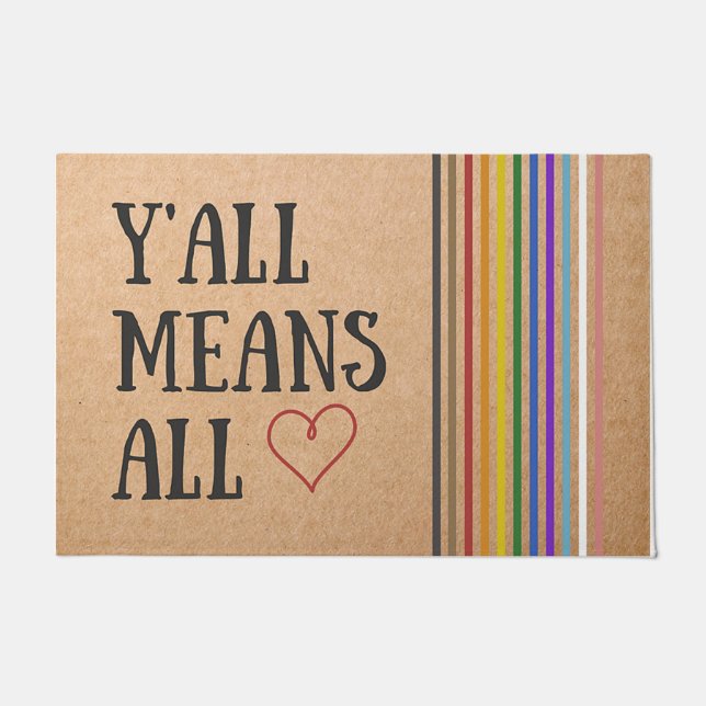Y'all Means All Mat, Colourful Heart Doormat (Front)