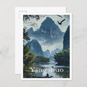 Yangshuo China Vintage Art Travel Illustration Postcard