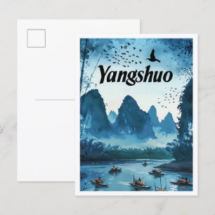 Yangshuo China Vintage Art Travel Illustration Postcard