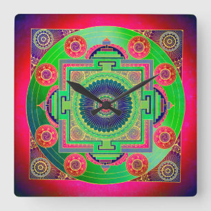 YANTRA - the great wheel - green pink Square Wall Clock