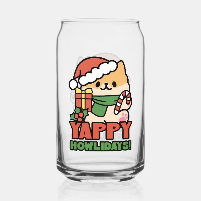Yappy Howlidays - Cute Christmas Dog Cartoon Can Glass (Front)