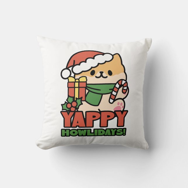 Yappy Howlidays - Cute Christmas Dog Cartoon Cushion (Front)