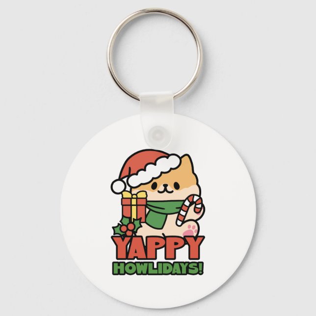 Yappy Howlidays - Cute Christmas Dog Cartoon Key Ring (Front)