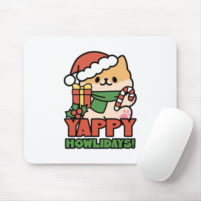 Yappy Howlidays - Cute Christmas Dog Cartoon Mouse Pad (With Mouse)