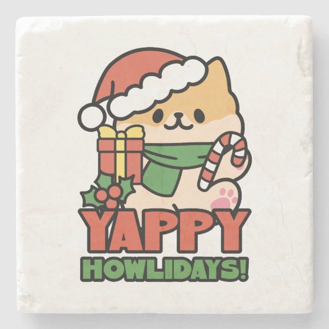 Yappy Howlidays - Cute Christmas Dog Cartoon Stone Coaster (Front)