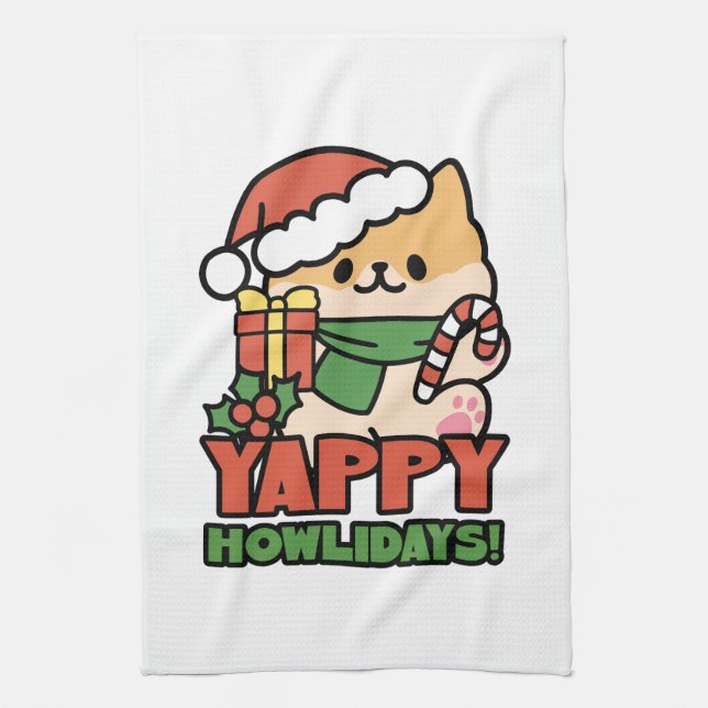 Yappy Howlidays - Cute Christmas Dog Cartoon Tea Towel (Vertical)