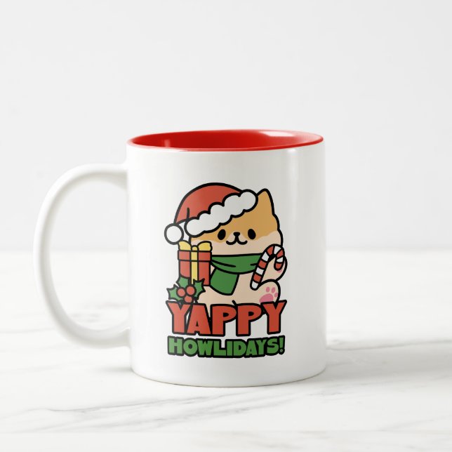 Yappy Howlidays - Cute Christmas Dog Cartoon Two-Tone Coffee Mug (Left)