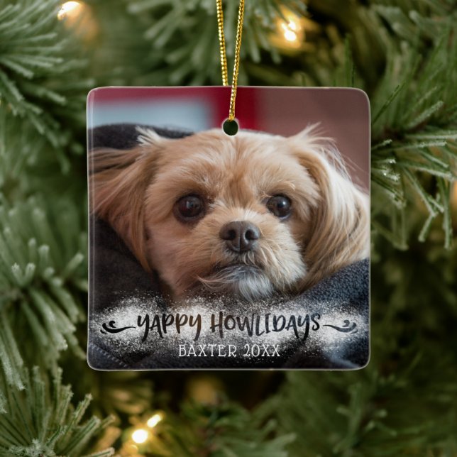 YAPPY HOWLIDAYS Snowy Overlay Dog Photo Ceramic Ornament (Tree)