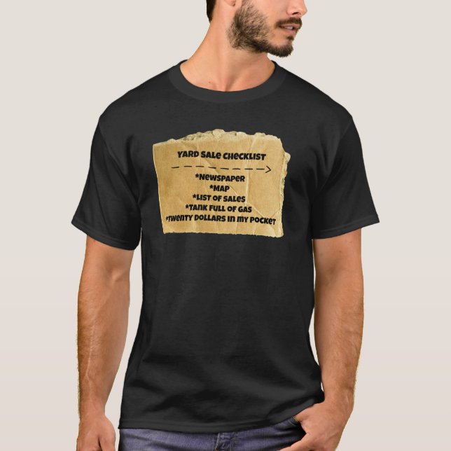 Yard Sale Checklist Funny Humour Tee Shirt (Front)