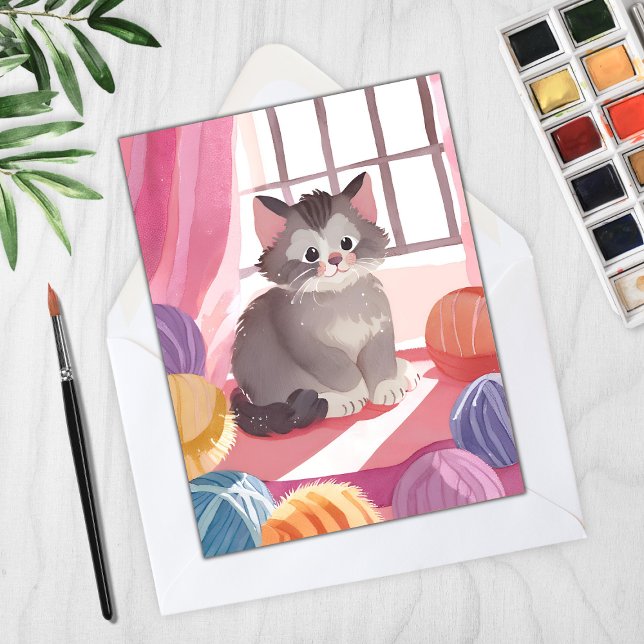 Yarn Ball Kitten | Cat Watercolor Painting Card (Creator Uploaded)