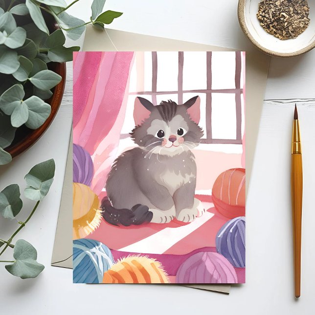 Yarn Ball Kitten | Cat Watercolor Postcard (Creator Uploaded)
