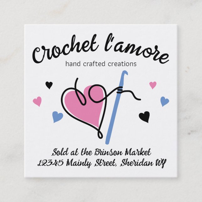 Yarn crafts crochet hook hearts square business card (Front)