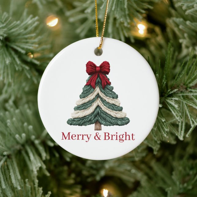 Yarn Faux Embroidery Christmas Tree Merry Bright Ceramic Ornament (Tree)