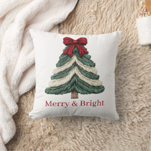 Yarn Faux Embroidery Christmas Tree Merry Bright Cushion