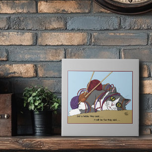 Yarn Knitting Funny Cat Ceramic Tile