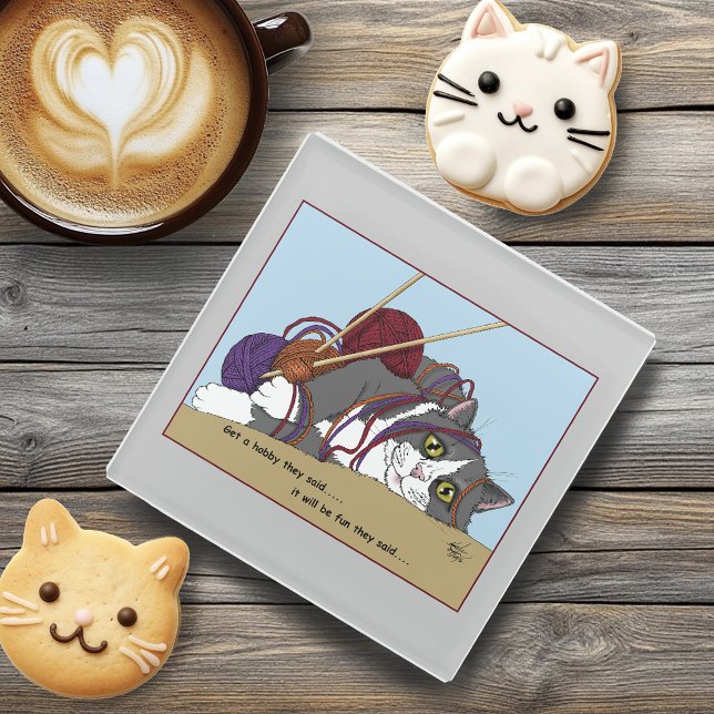 Yarn Knitting Funny Cat Glass Coaster (Creator Uploaded)