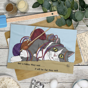 Yarn Knitting Funny Cat Tea Towel