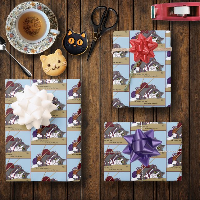 Yarn Knitting Funny Cat Wrapping Paper Sheet (Creator Uploaded)