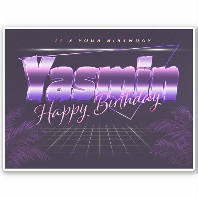 Yasmin name first name purple retro sticker birthd (Front)