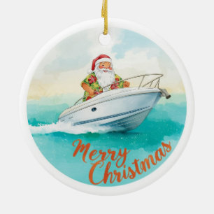 Yatch Merry Christmas Santa Sailing on a Yacht Ceramic Ornament