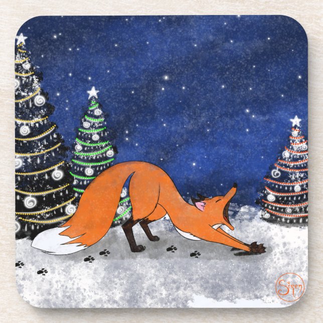 Yawning Fox on a winter Night.  Coaster (Front)