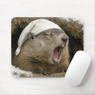 Yawning Groundhog Wearing a Nightcap Mouse Pad