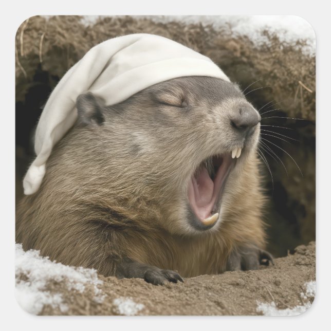 Yawning Groundhog Wearing a Nightcap Square Sticker (Front)