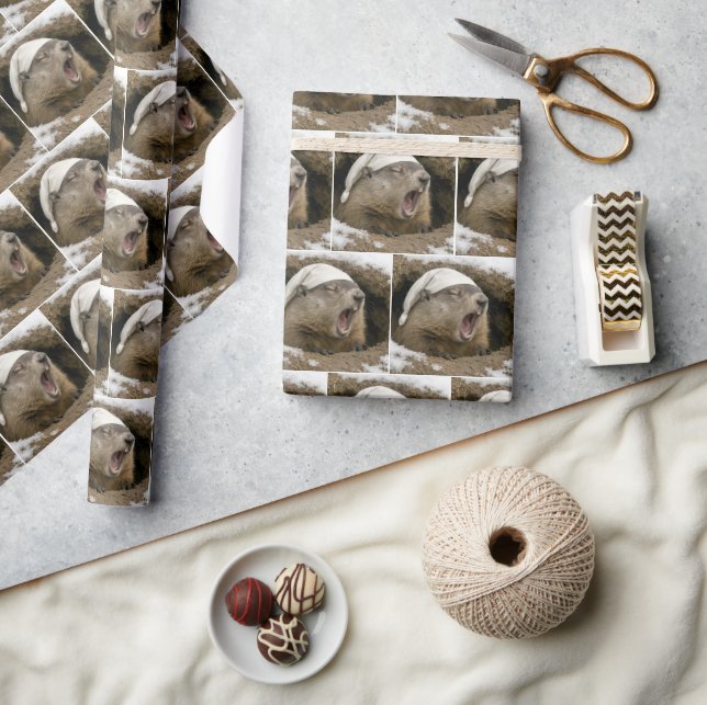 Yawning Groundhog Wearing a Nightcap Wrapping Paper (Crafts)