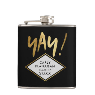 Yay! Script Gold Black Graduation Party Hip Flask