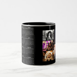 Year 2025 Calendar 5 Photo Collage Black Two-Tone Coffee Mug