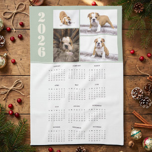Year 2026 Calendar Dog Pet 4 Photo Collage Tea Towel