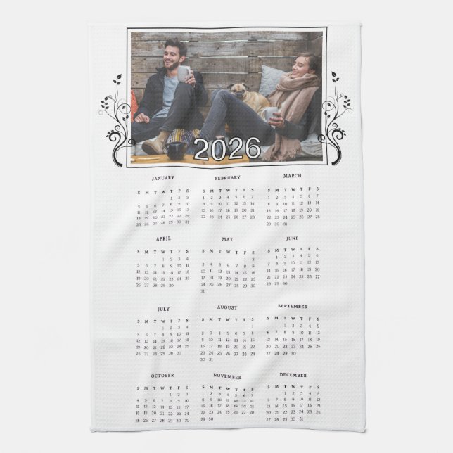 Year 2026 Photo Calendar with Foliage  Tea Towel (Vertical)