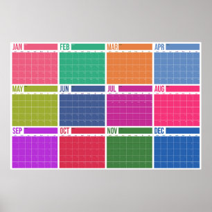 Year At A Glance Undated Colourful Wall Calendar Poster