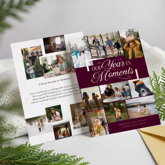 Year in Moments Family Photo Collage Christmas Foil Holiday Card (Year in Moments Family Photo Collage Christmas Foil Holiday Card (Front & Back))
